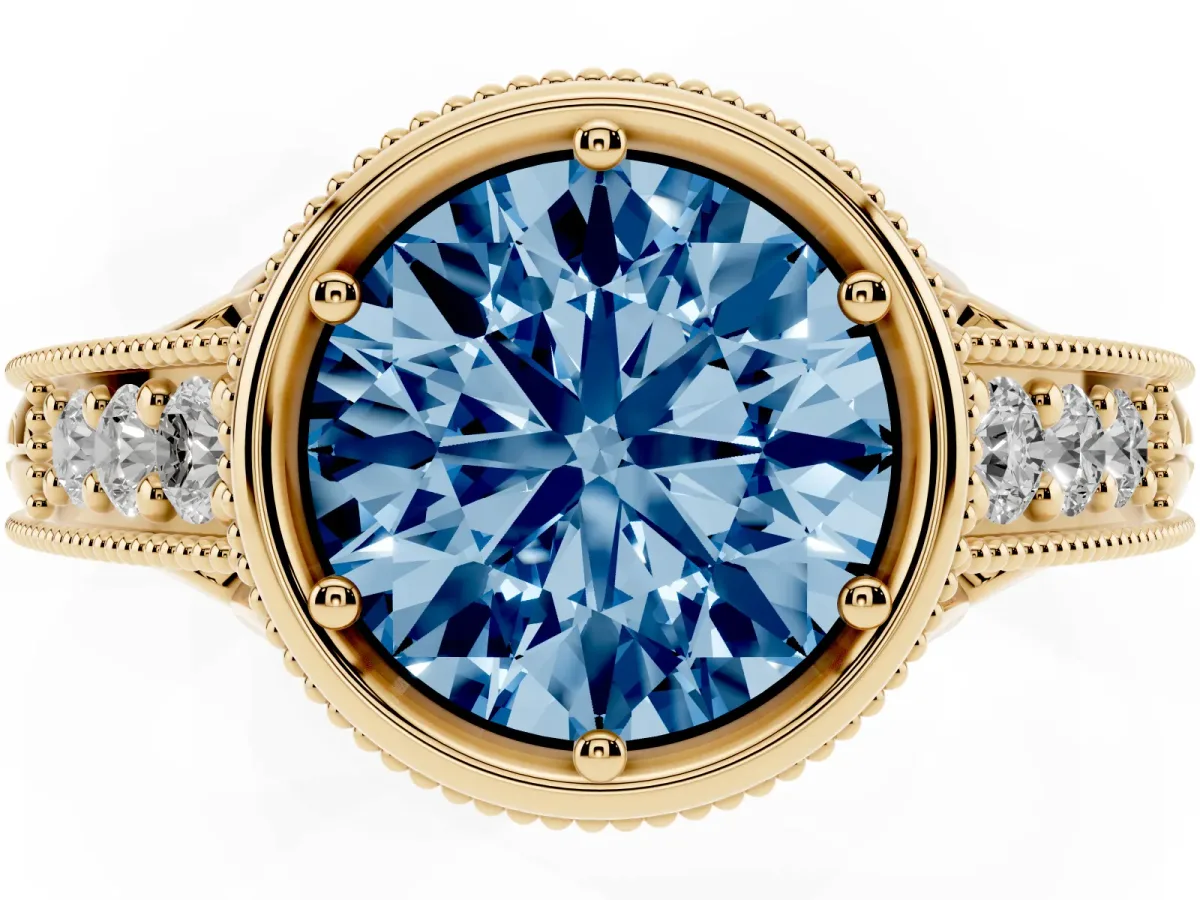 Fancy Blue Bezel Set Round Cut Diamond Milgrain Pave Engagement Ring Yellow gold