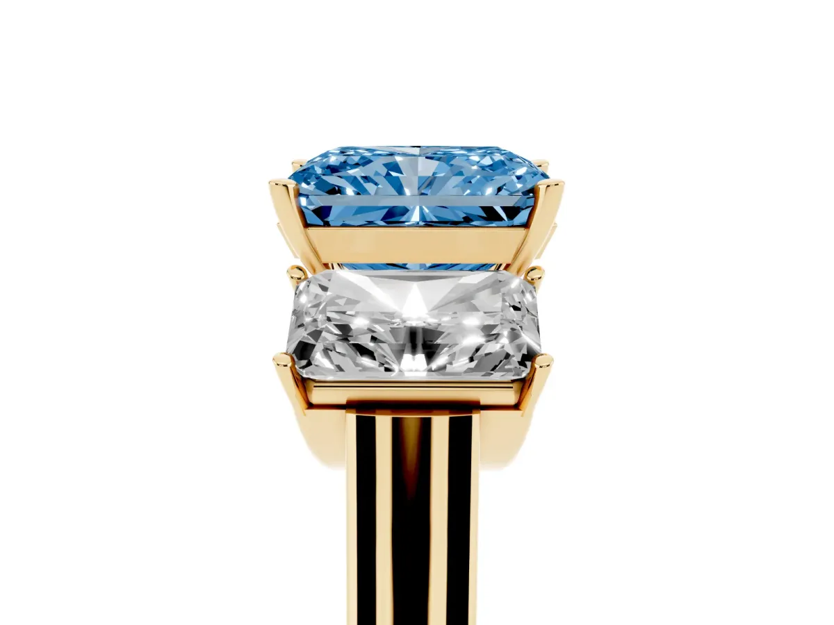 Fancy Blue Three-Stone Radiant Cut Brilliant Diamond Trellis Ring with Comfort Fit Band Yellow gold