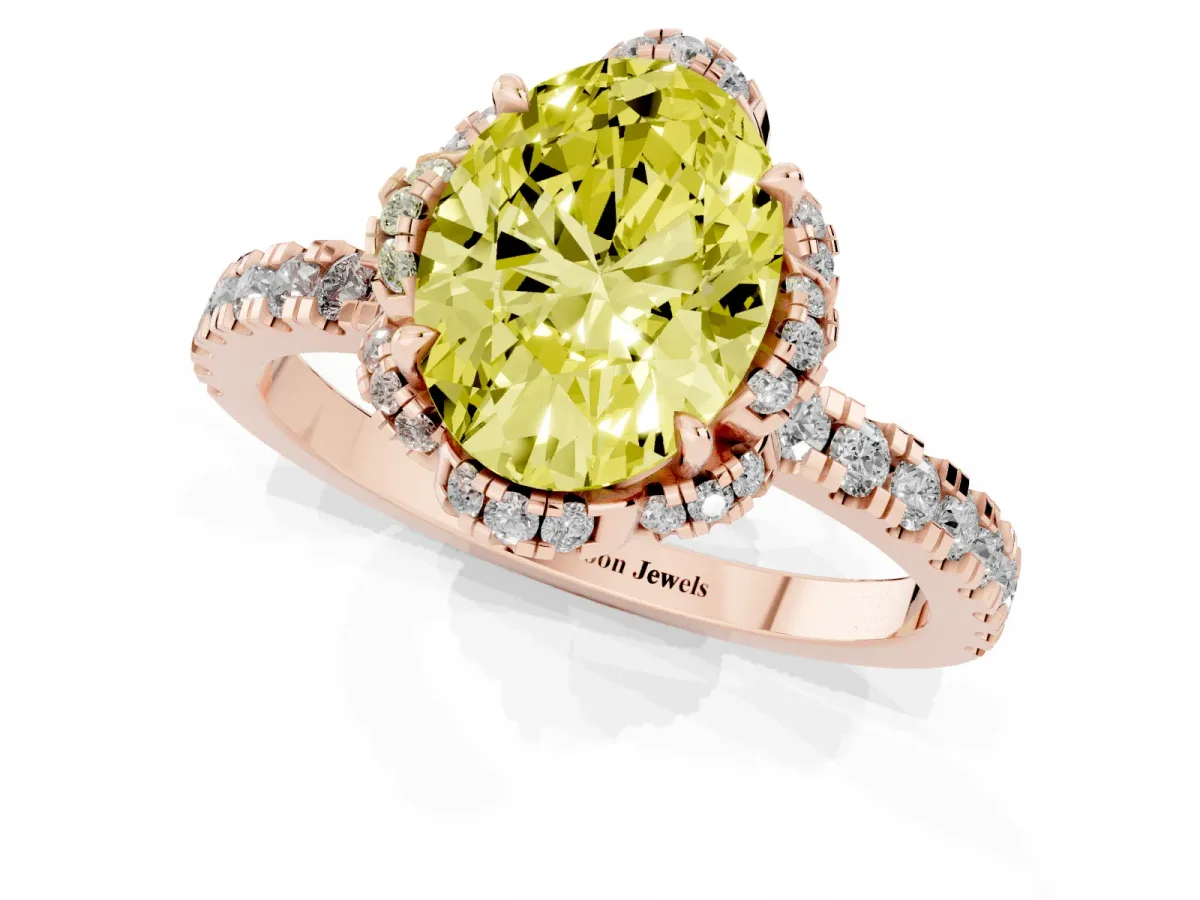 Fancy Yellow Oval Cut Diamond Halo Pave Band with Four-Prong Setting Rose gold