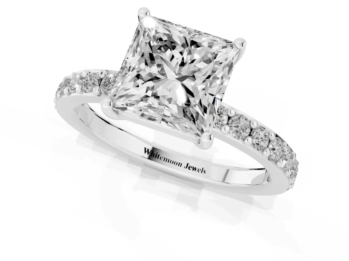 Princess Cut Cut Diamond Solitaire with Pave Band and Four-Prong Setting Platinum