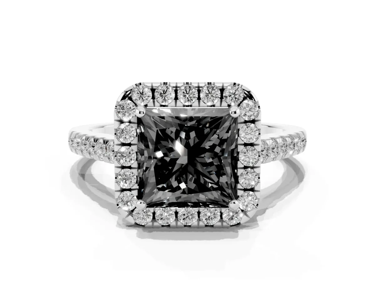 Fancy Black Princess Cut Halo Pave Diamond Engagement Ring with Four-Prong Setting Platinum