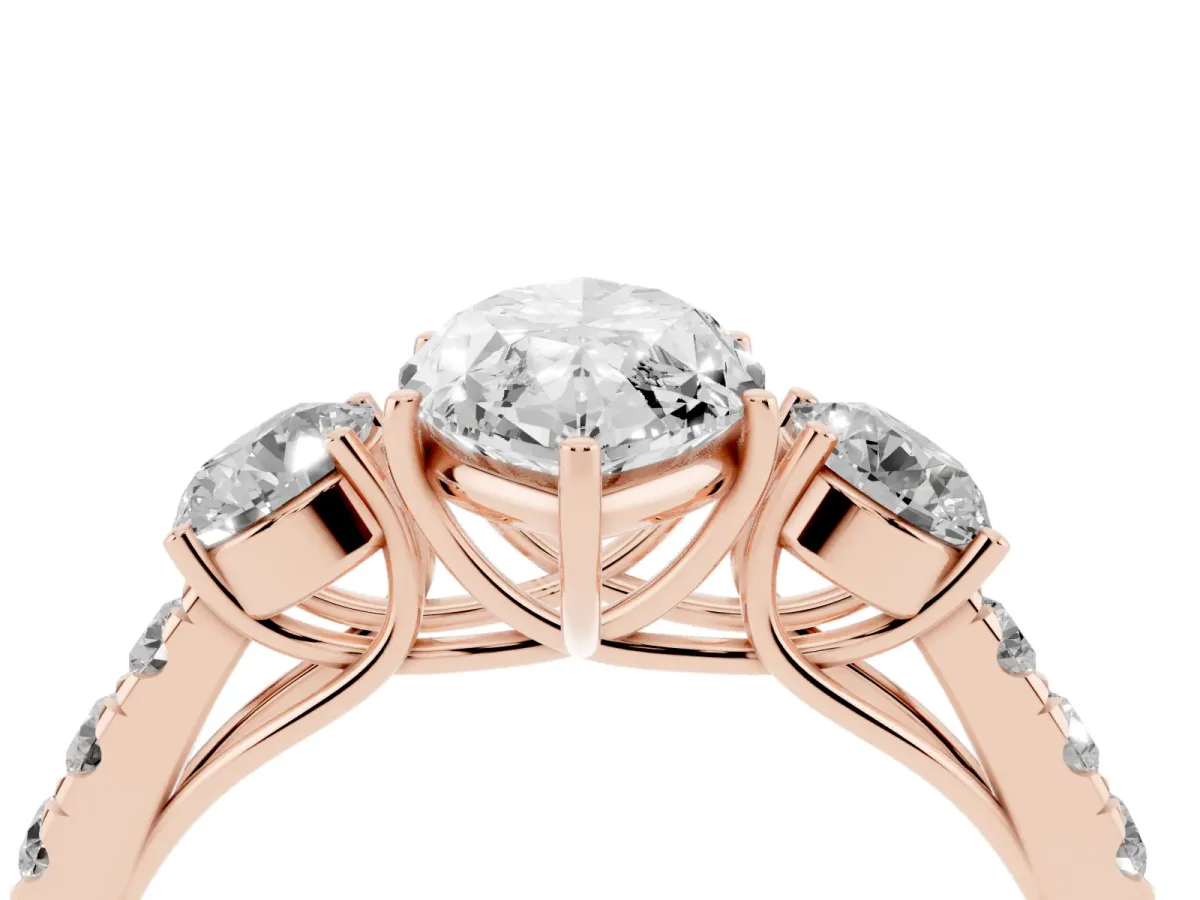 Marquise Cut Cut Diamond Three-Stone Ring with Round Side Stones and Pavé Band Rose gold