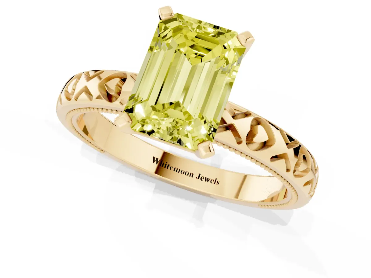 Fancy Yellow Emerald Cut Solitaire Diamond Engagement Ring with XO Engraved Band and Four-Prong Setting Yellow gold