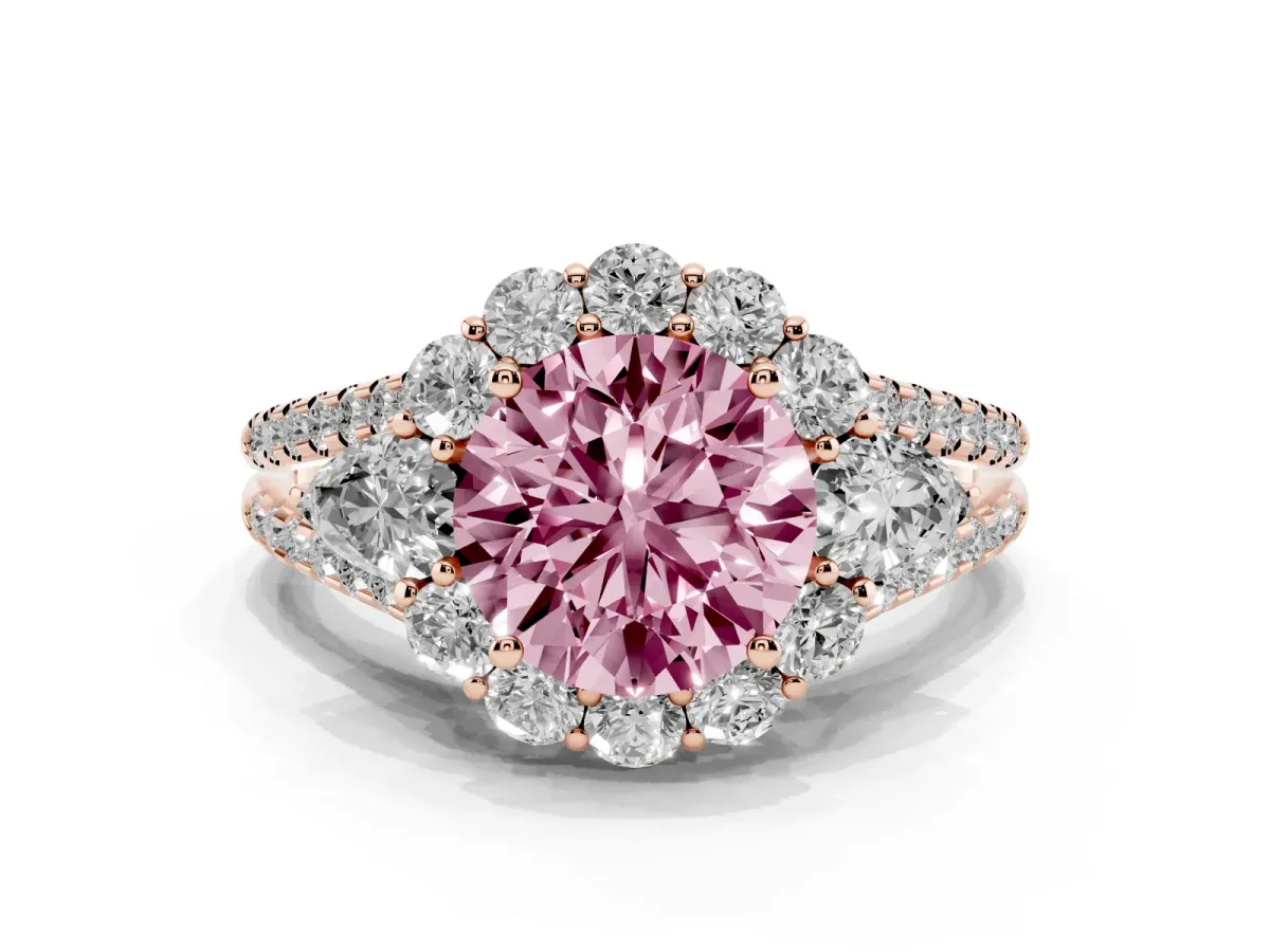 Fancy Pink Round Cut Halo Split Shank Diamond Engagement Ring with Prong Setting Rose gold