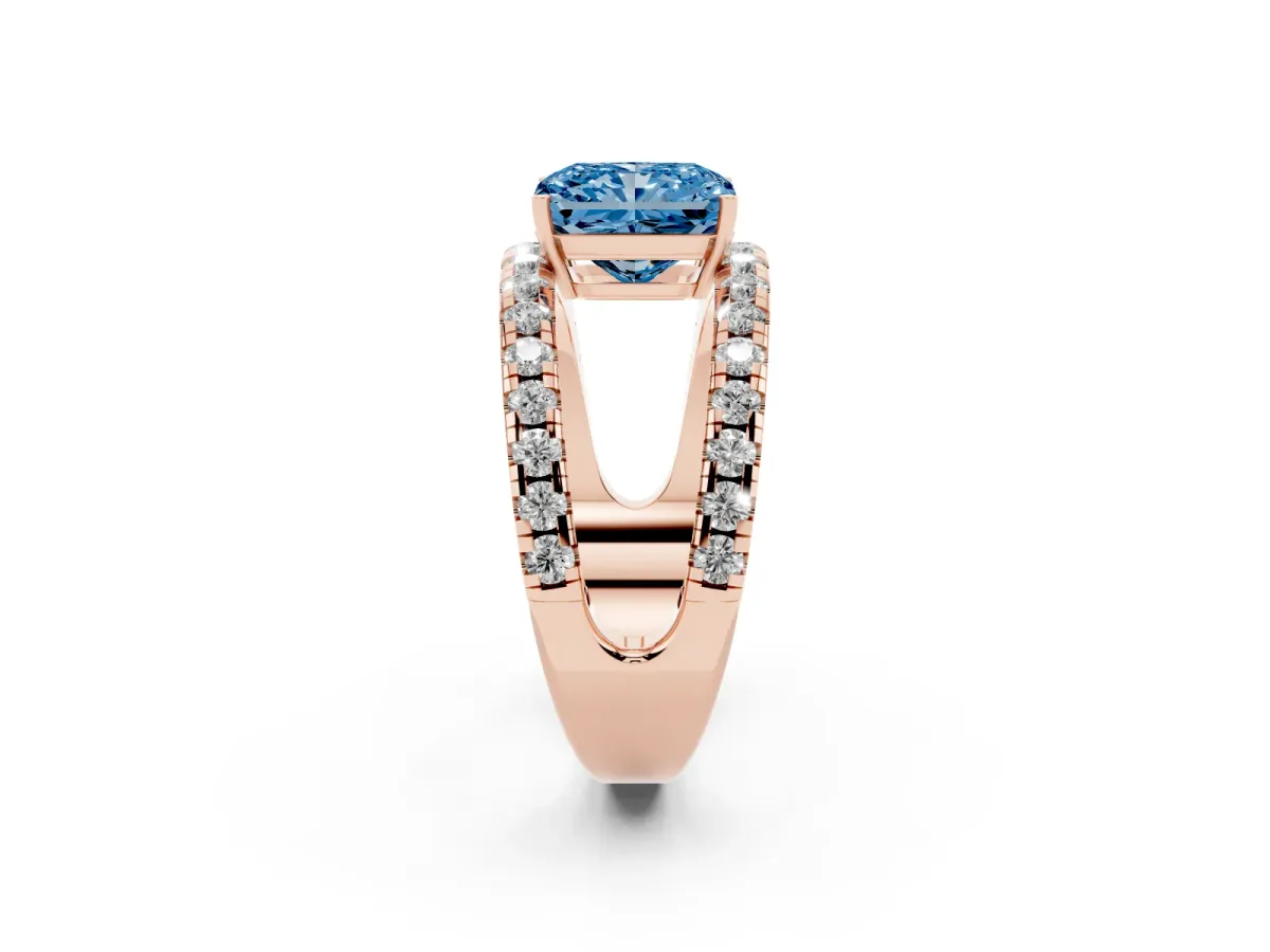 Fancy Blue Radiant Cut Solitaire Split Shank Pave Diamond Ring Rose gold