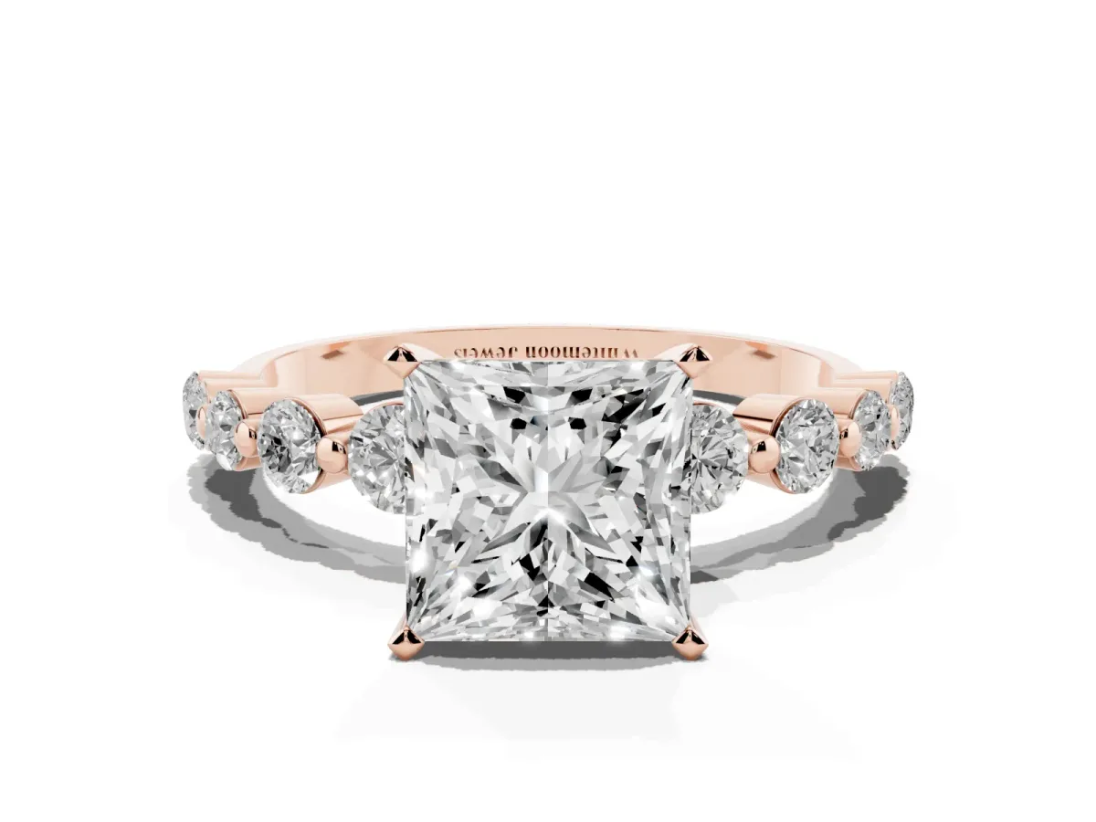 Princess Cut Solitaire Diamond Ring with Pave Band and Four-Prong Setting Rose gold