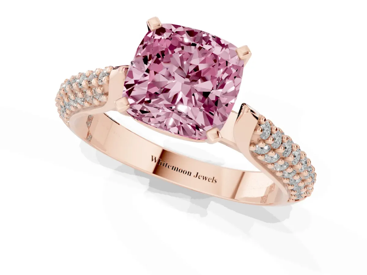 Fancy Pink Cushion Cut Diamond Solitaire Engagement Ring with Multi-Row Round Pavé Band and Prong Setting Rose gold