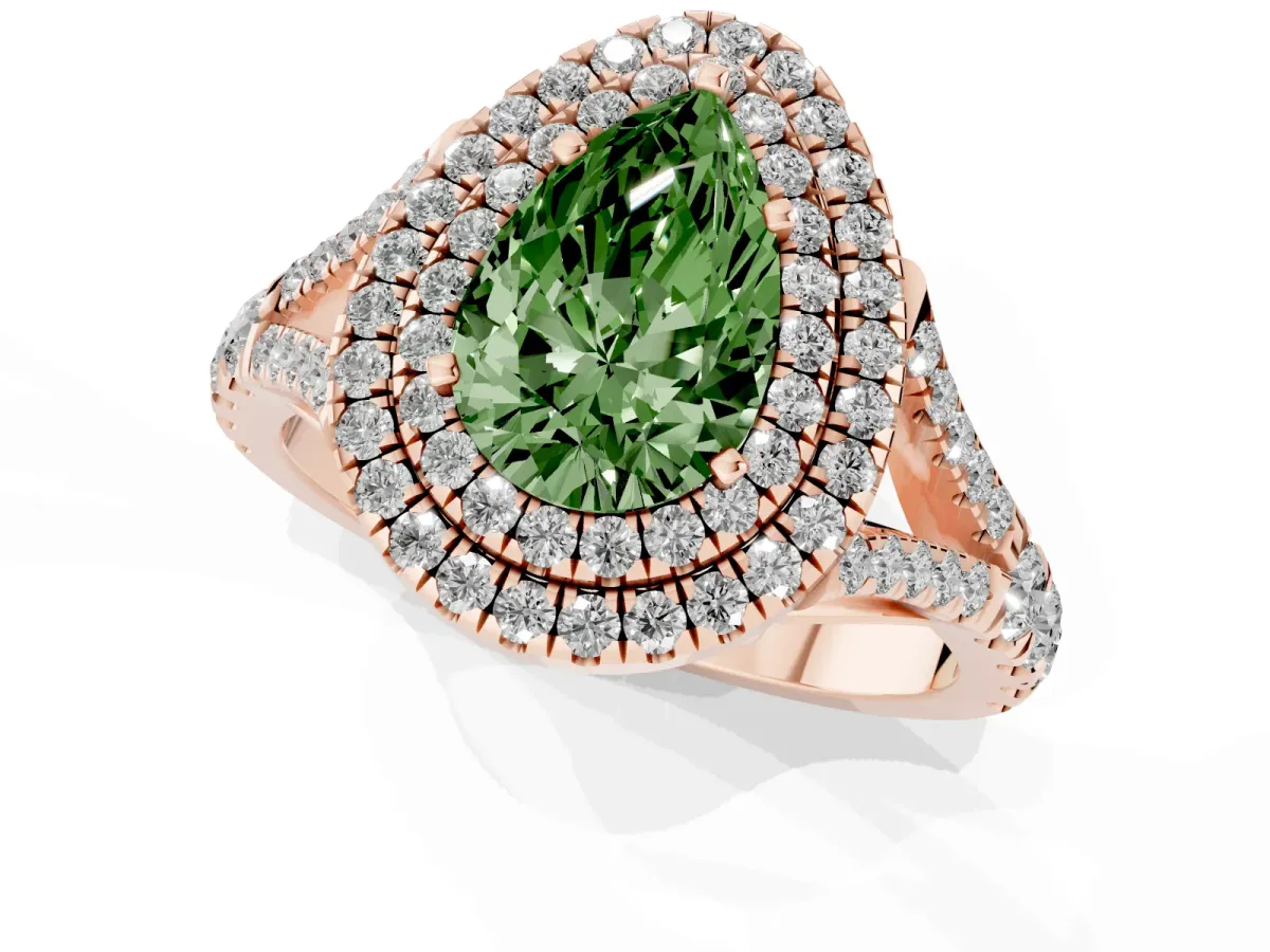 Fancy Green Pear Cut Diamond Double Halo Ring with Split Shank and Prong Setting Rose gold