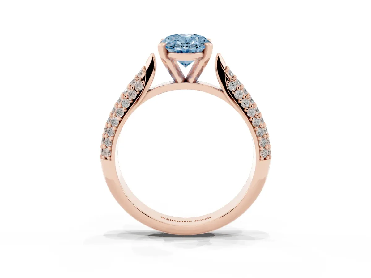 Fancy Blue Oval Cut Diamond Solitaire Engagement Ring with Multi-Row Round Pavé Band and Prong Setting Rose gold