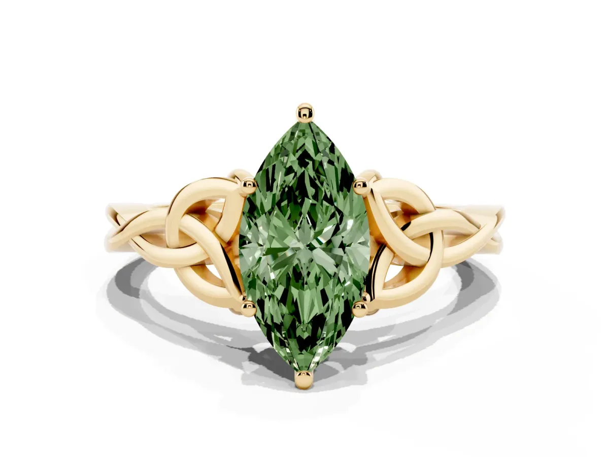 Fancy Green Marquise Cut Diamond Solitaire Engagement Ring with Celtic Knot Band and Four-Prong Setting Yellow gold