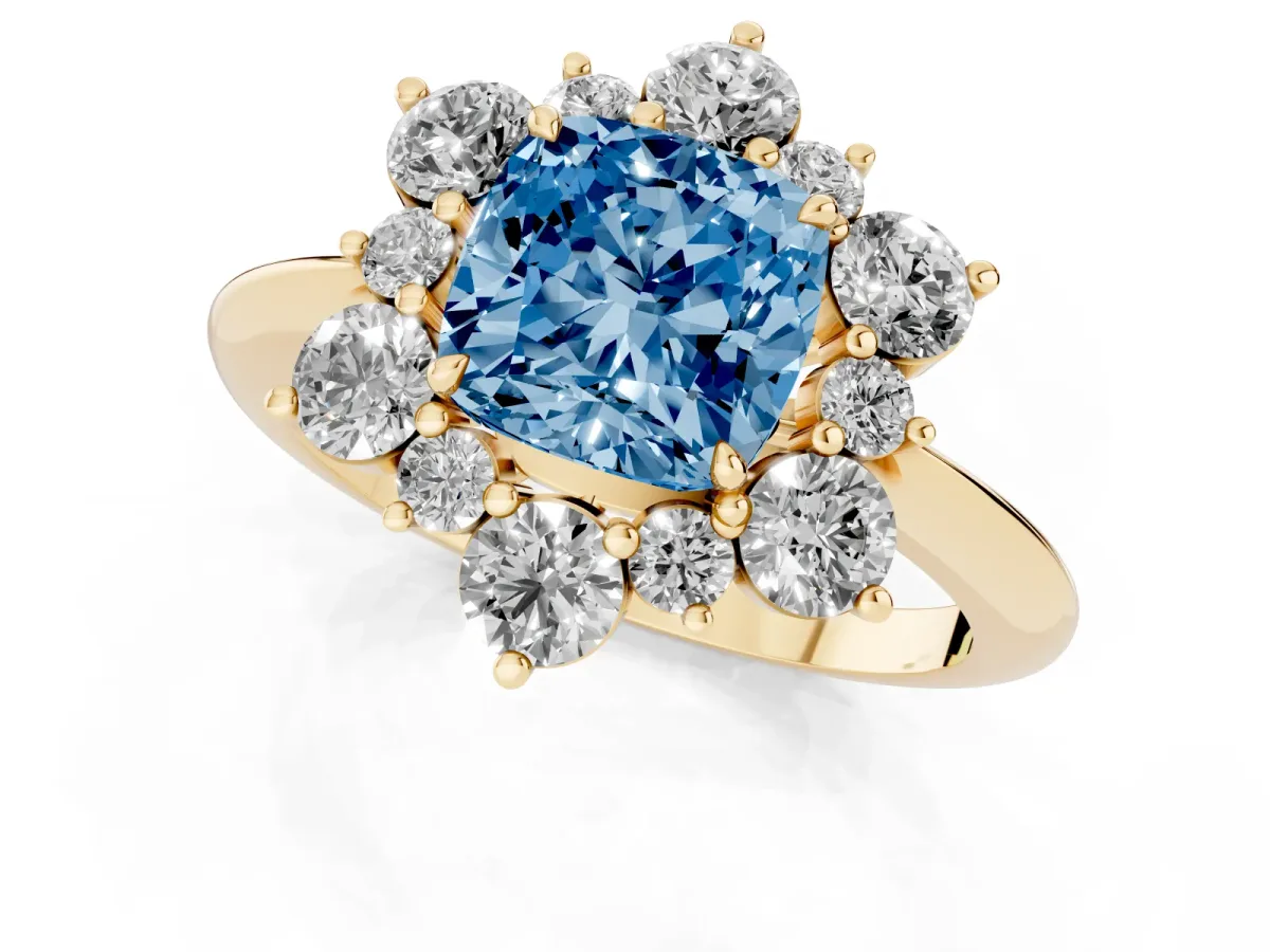Fancy Blue Cushion Cut Diamond Cluster Halo Ring with Solitaire Band and Four-Prong Setting Yellow gold