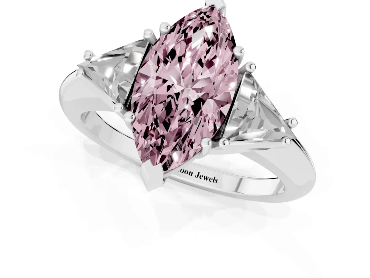 Fancy Pink Three-Stone Marquise Cut Diamond Engagement Ring with Trillion Side Stones and Prong Setting Silver