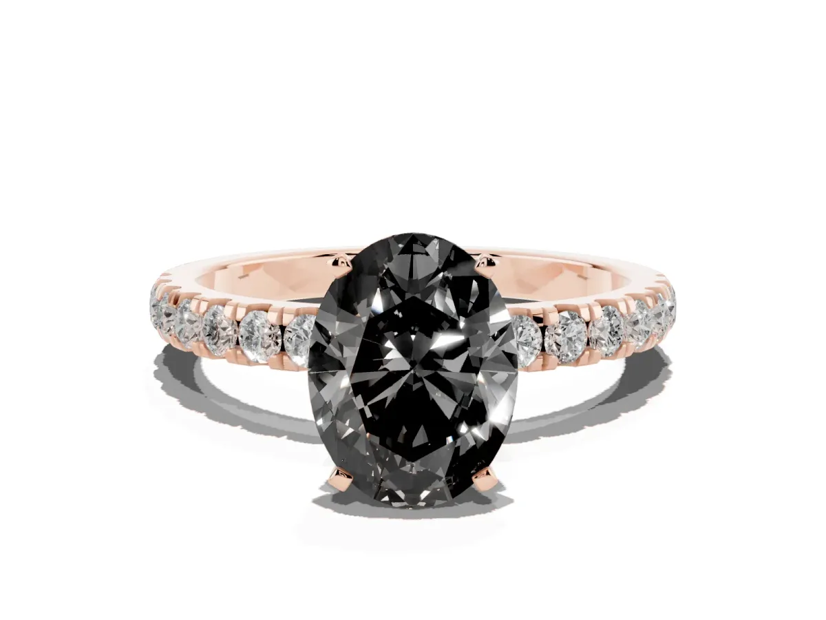 Fancy Black Oval Cut Diamond Solitaire Ring with Pavé Accents and Four-Prong Setting Rose gold