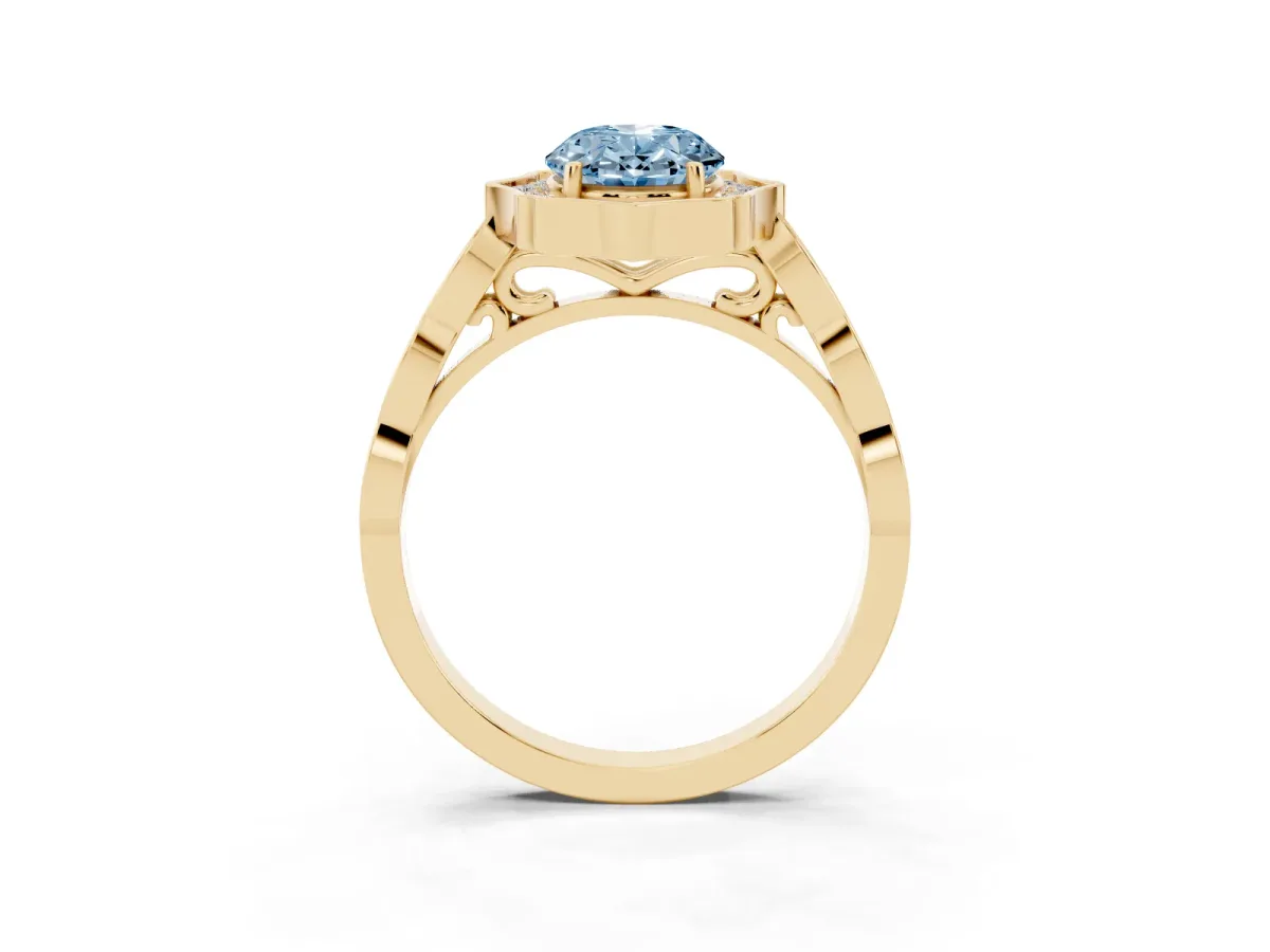Fancy Blue Oval Cut Halo Diamond Engagement Ring with Milgrain Band and Four-Prong Setting Yellow gold