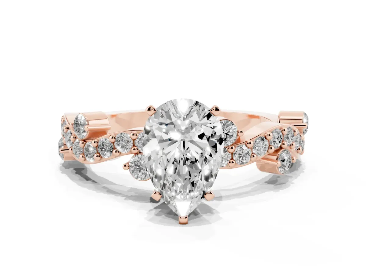 Pear Cut Cut Solitaire Diamond Twisted Band with Pave Setting Rose gold