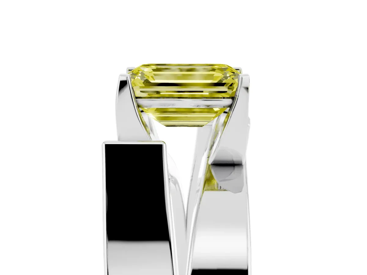Fancy Yellow Modern Tension Set Emerald Cut Diamond Solitaire Wide Band Ring Silver