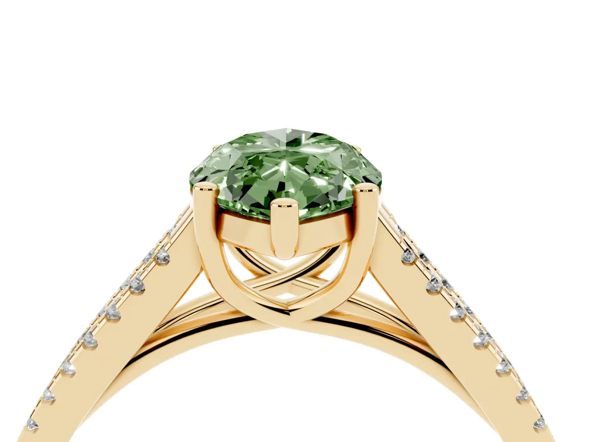 Fancy Green Marquise Cut Diamond Solitaire Engagement Ring with Split Shank Pavé Band Yellow gold