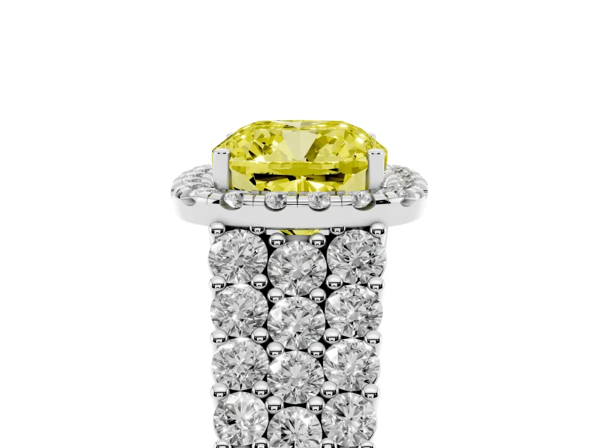 Fancy Yellow Cushion Cut Diamond Halo Engagement Ring with Triple Row Round Pavé Band and Prong Setting White gold