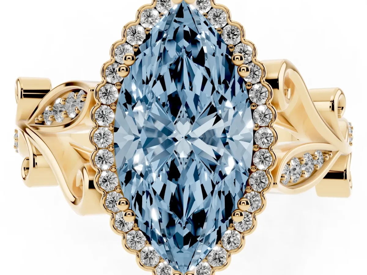 Fancy Blue Marquise Cut Diamond Halo Ring with Vintage Split Shank and Four-Prong Setting Yellow gold