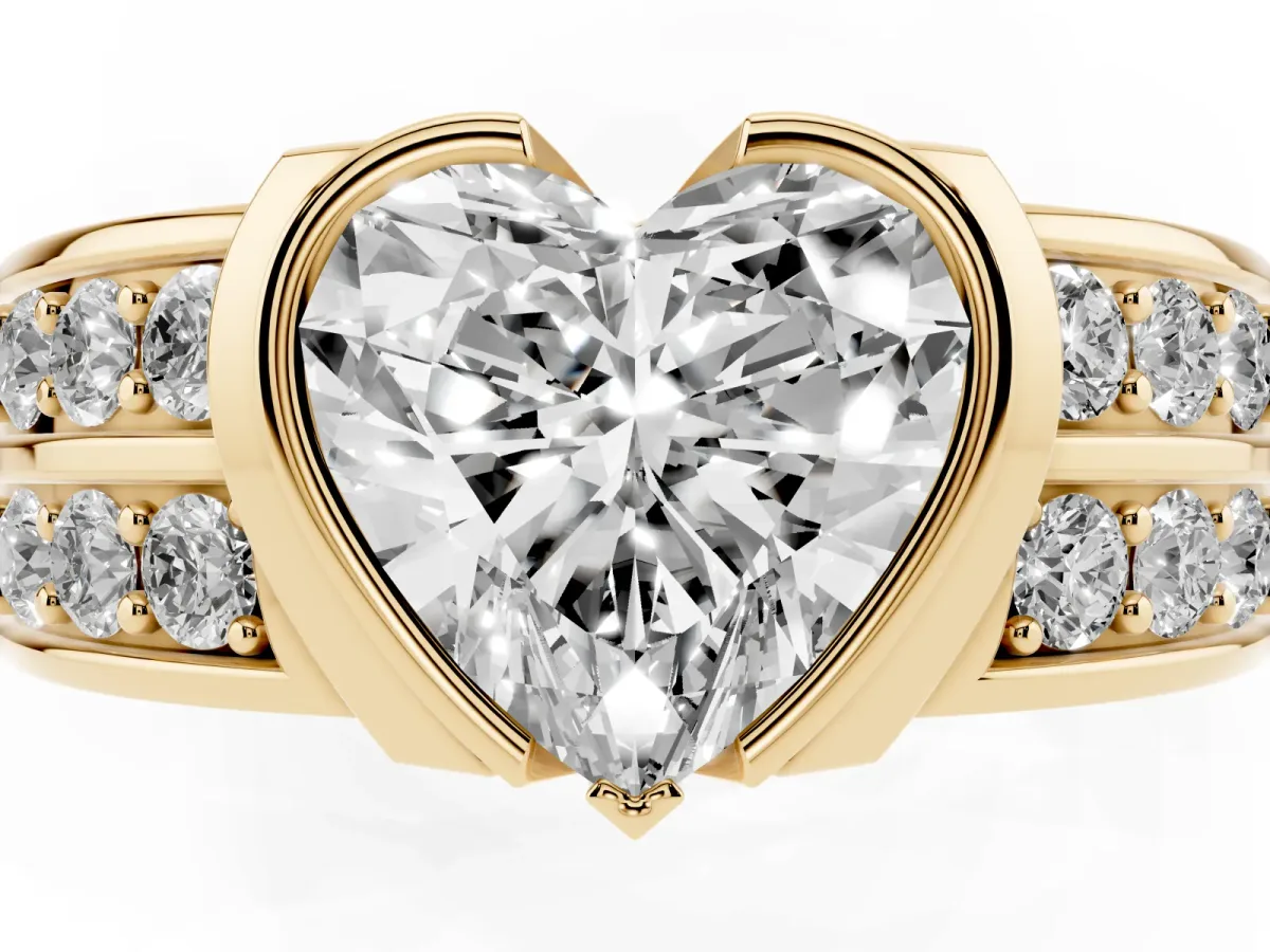 Heart Cut Brilliant Diamond Channel Set Wide Band Ring with Bezel Setting Yellow gold
