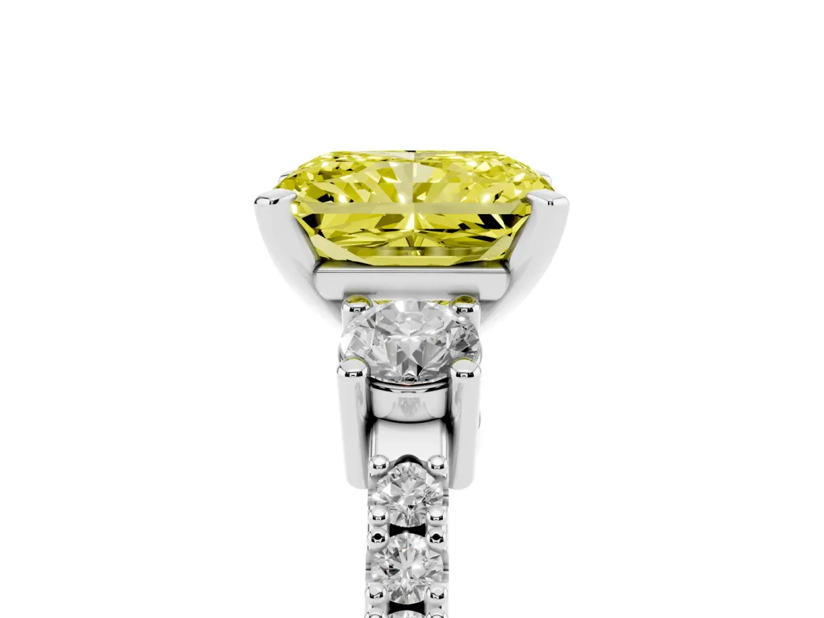 Fancy Yellow Radiant Cut Three-Stone Diamond Pavé Band with Prong Setting Silver