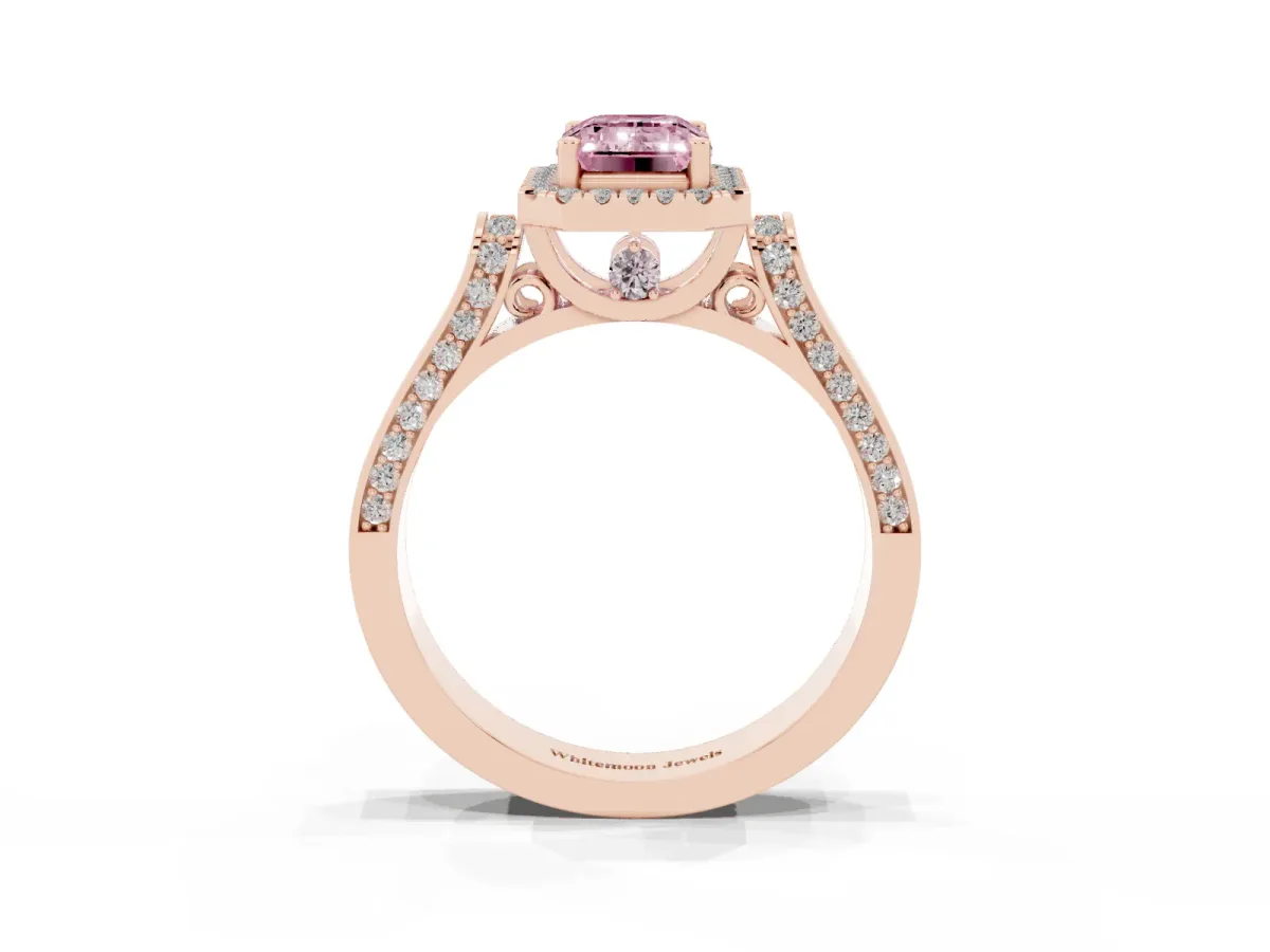 Fancy Pink Emerald Cut Halo Round Diamond Twist Band with Four-Prong Setting Rose gold