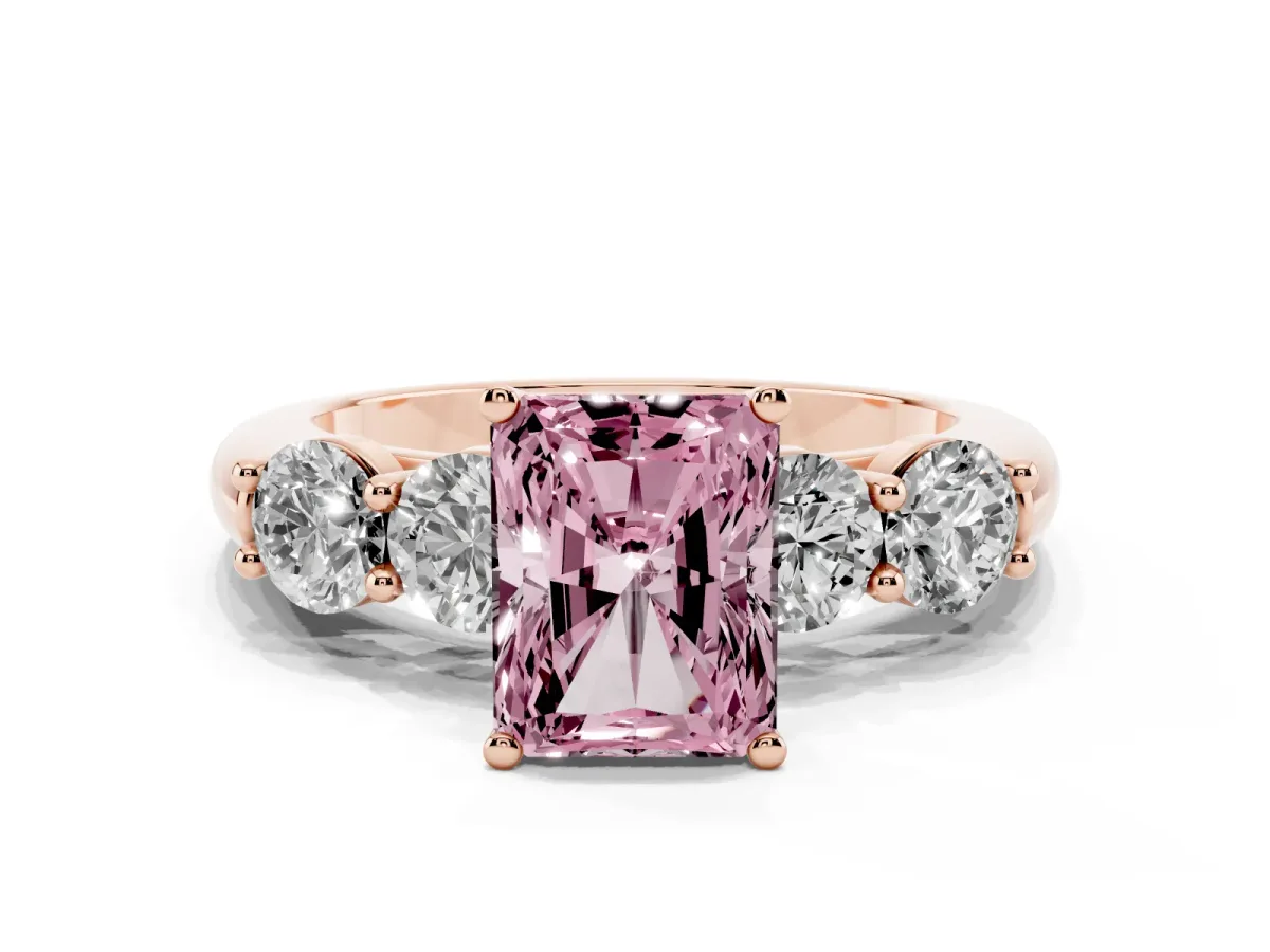 Fancy Pink Radiant Cut Cut Five-Stone Prong Set Diamond Ring with Classic Band Rose gold