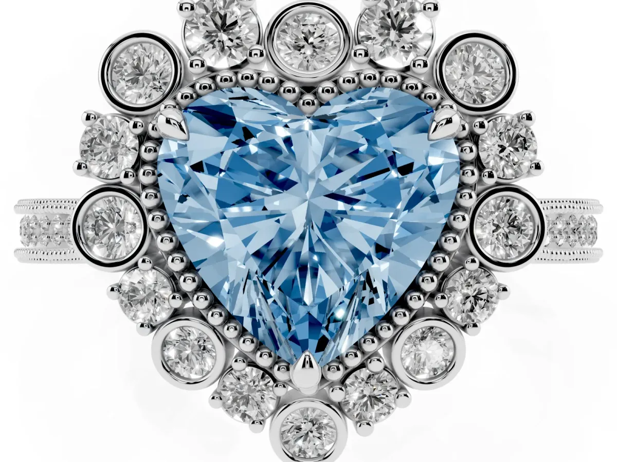 Fancy Blue Heart Cut Halo Milgrain Pave Diamond Ring with Four-Prong Setting Silver
