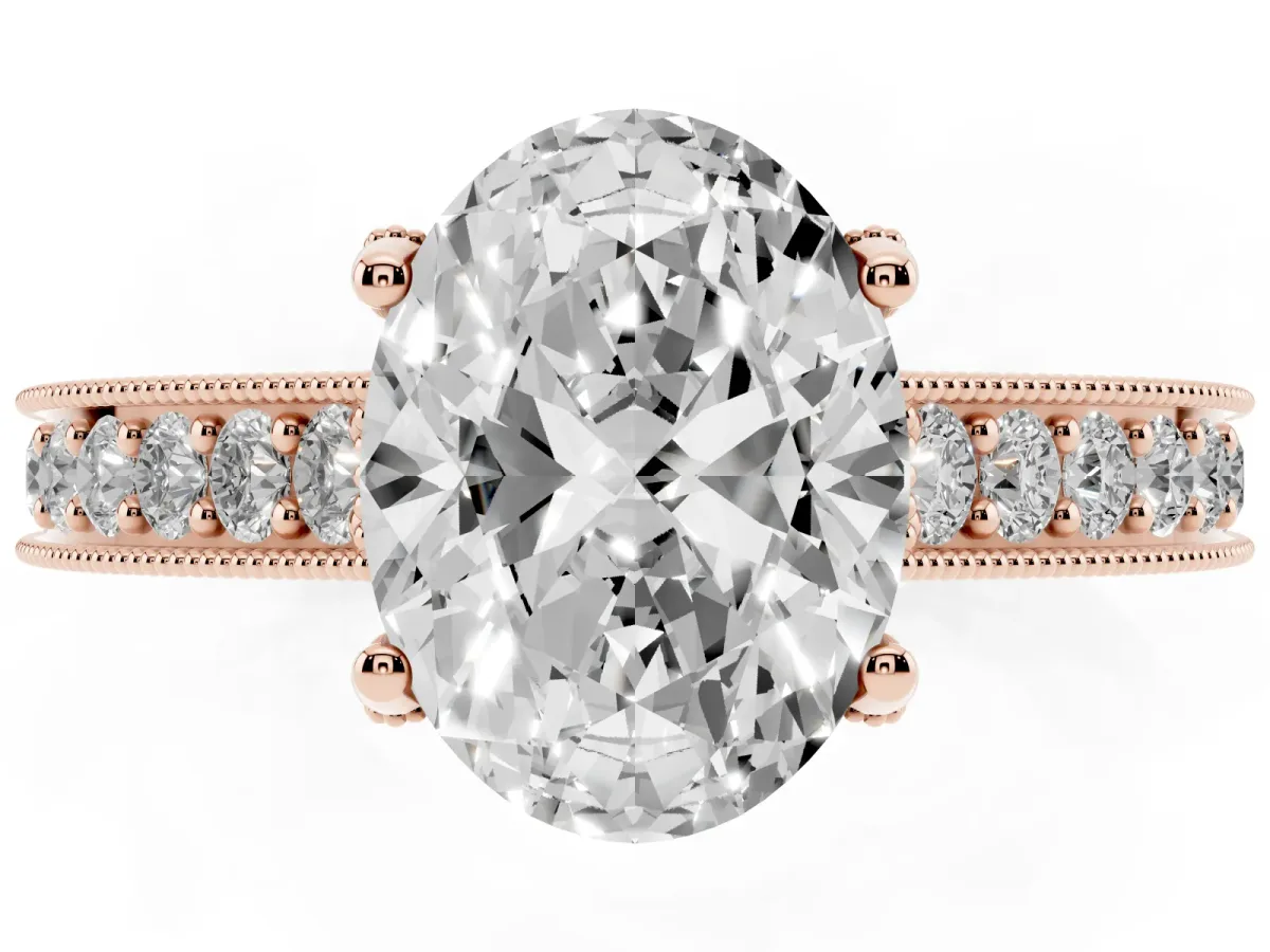 Oval Cut Cut Diamond Solitaire Ring with Milgrain Pave Band and Four Prong Setting Rose gold