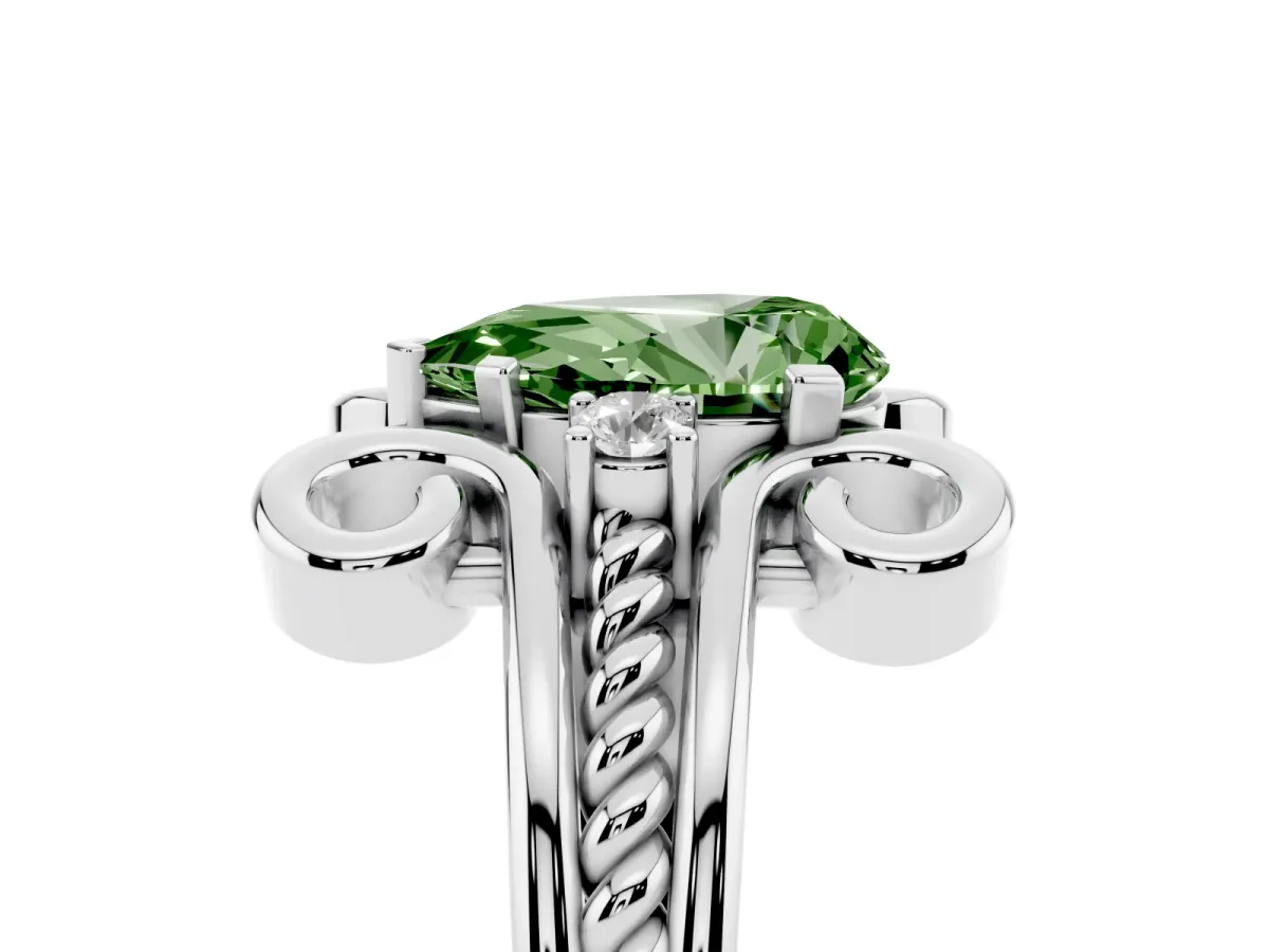 Fancy Green Pear Cut Solitaire Twisted Band Scroll Prong Ring Silver