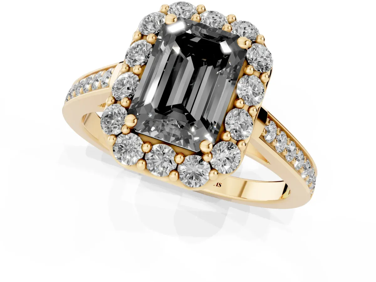 Fancy Black Emerald Cut Diamond Floral Halo Ring with Pavé Band and Prong Setting Yellow gold