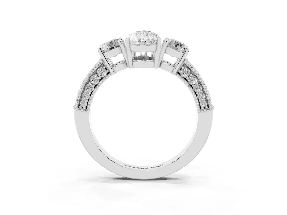 Pear Cut Three-Stone Diamond Ring with Pavé Band and Four-Prong Setting Silver