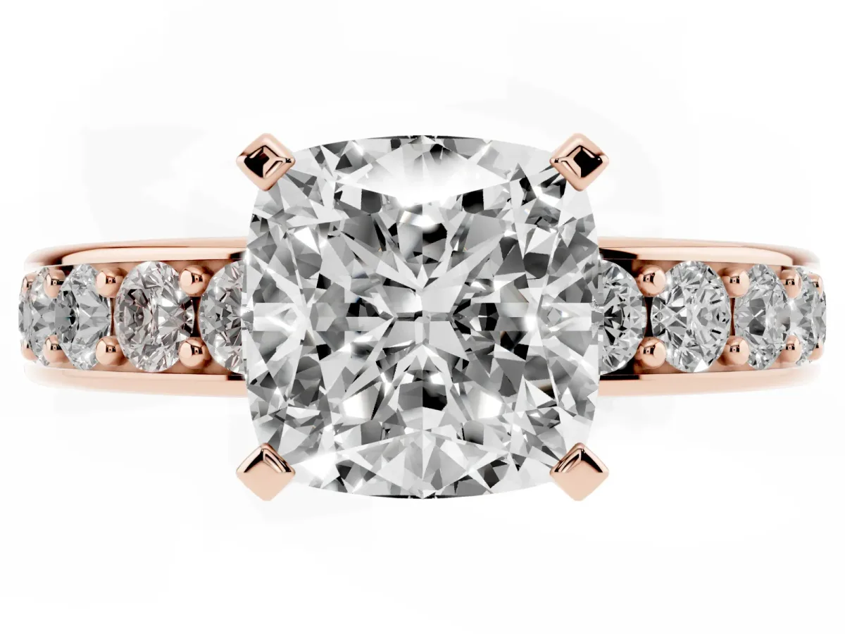 Cushion Cut Diamond Engagement Ring with Channel Set Round Band and Prong Setting Rose gold