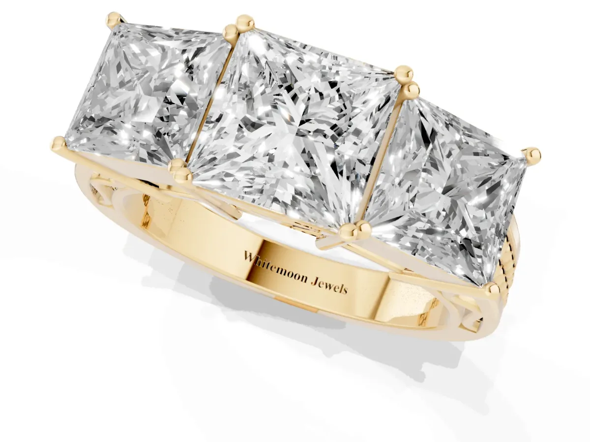 Princess Cut Diamond Three-Stone Ring with Prong Setting and Textured Band Yellow gold
