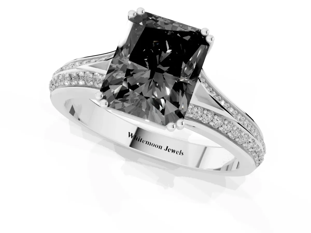 Fancy Black Radiant Cut Diamond Split Shank Engagement Ring with Pavé Band Silver