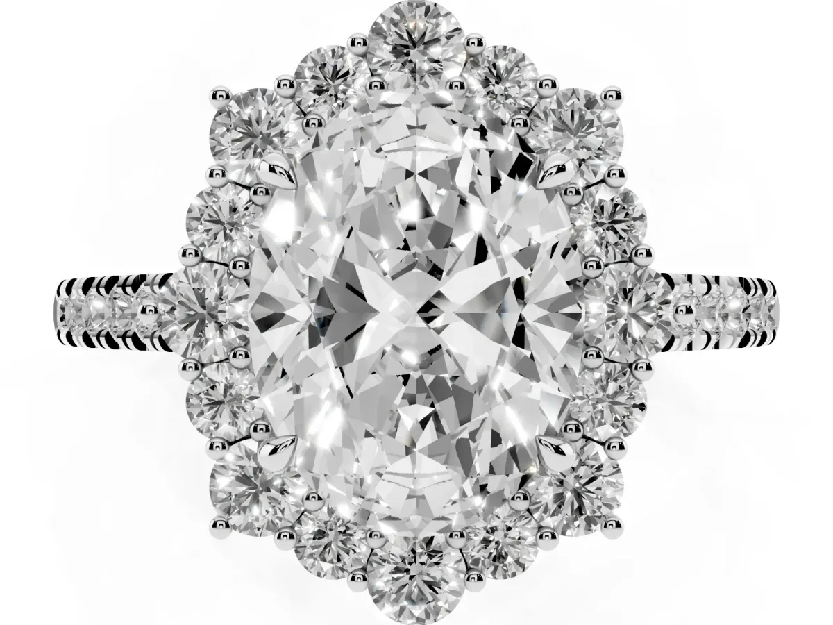 Oval Cut Halo Diamond Ring with Pavé Band and Prong Setting Silver