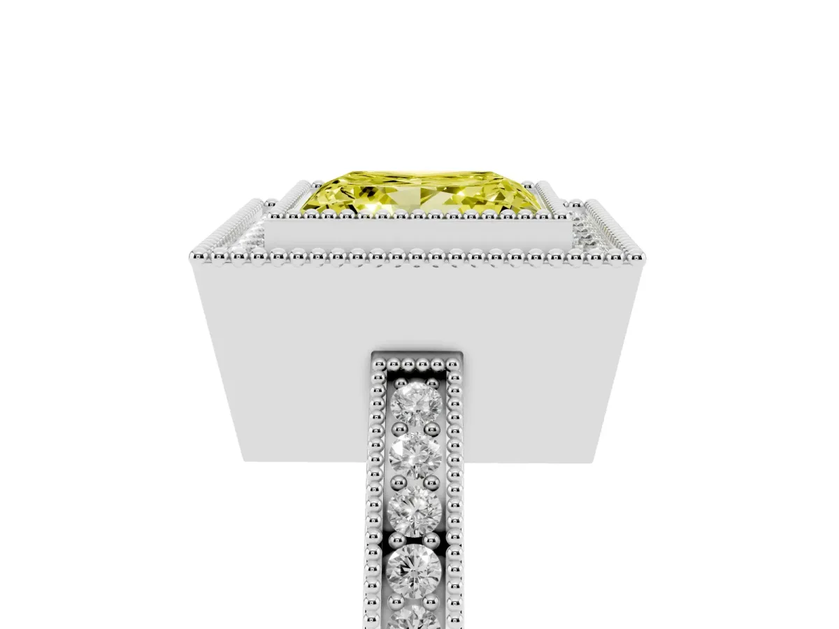 Fancy Yellow Princess Cut Cut Halo Diamond Ring with Pavé Band and Milgrain Prong Setting White gold