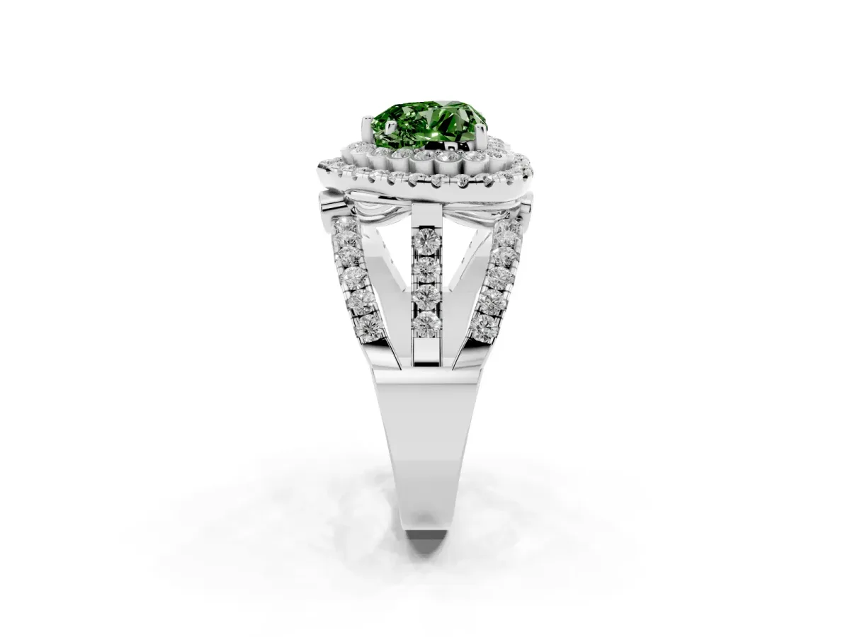 Fancy Green Heart Cut Diamond Double Halo Ring with Round Pavé Split Shank and Prong Setting Silver