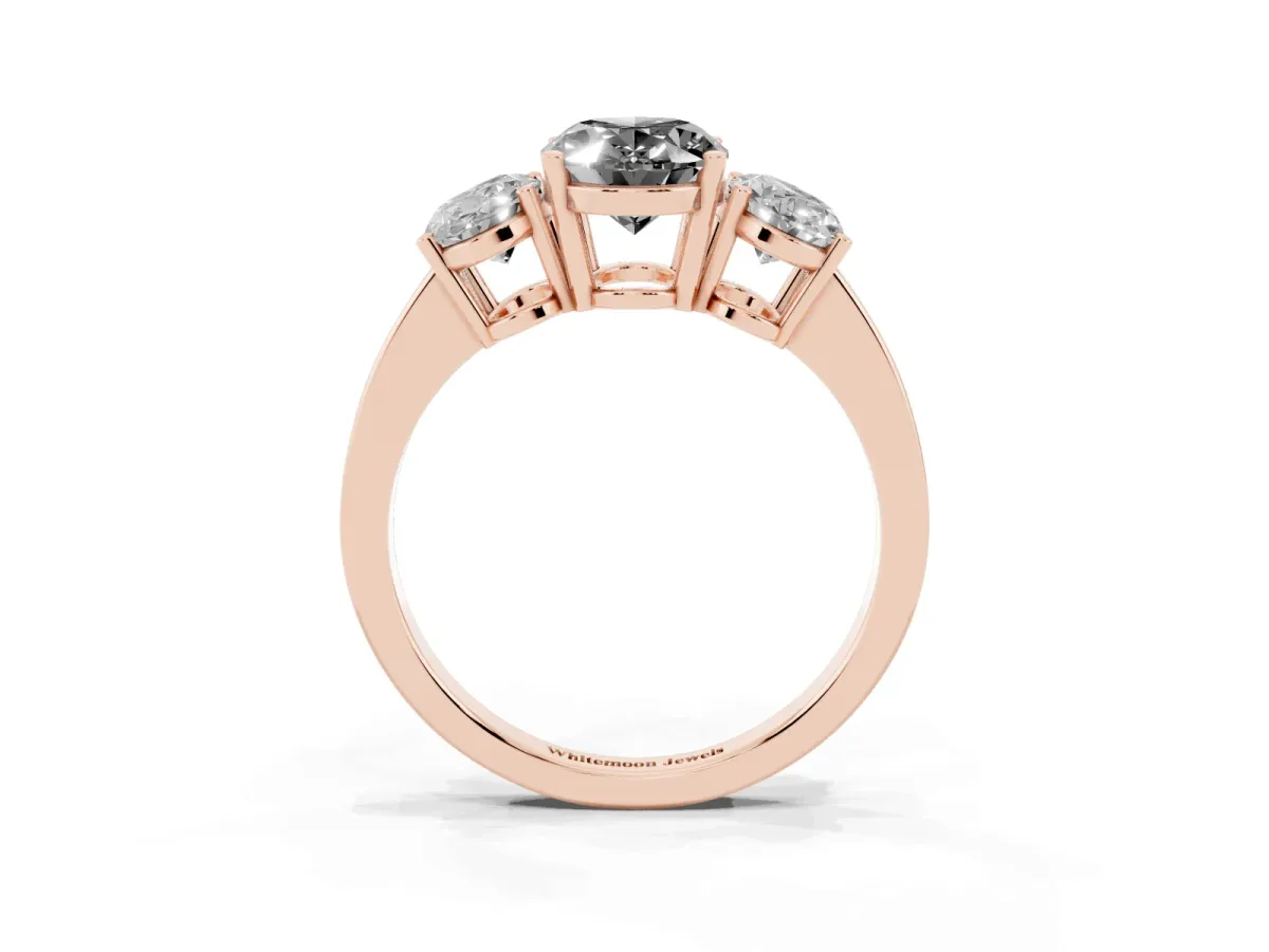 Fancy Black Three-Stone Oval Cut Cut Diamond Engagement Ring with Flat Band and Four-Prong Setting Rose gold