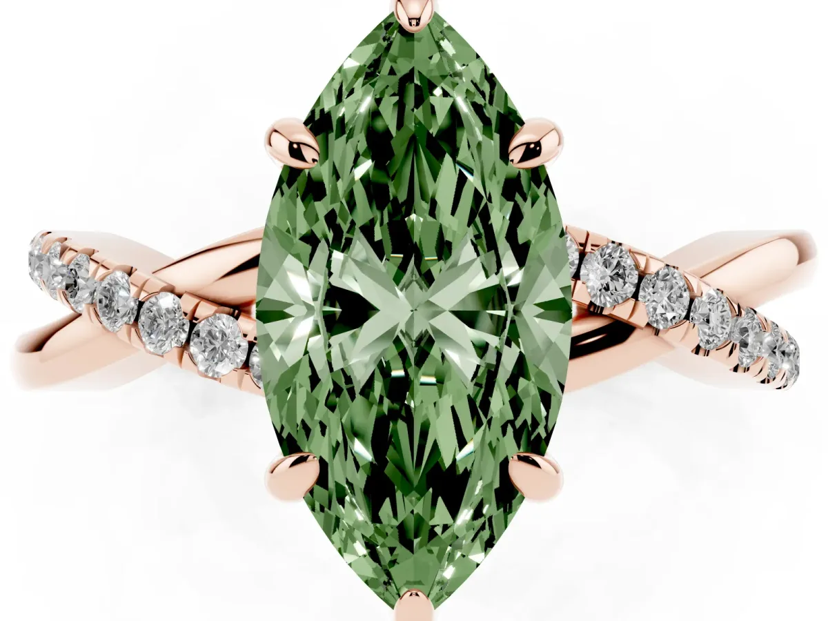 Fancy Green Marquise Cut Cut Diamond Twist Band Solitaire with Prong Setting Rose gold