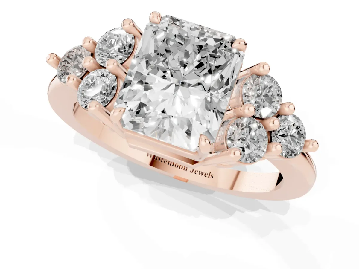 Radiant Cut Brilliant Diamond Cluster Accent Solitaire Ring with Prong Setting Rose gold