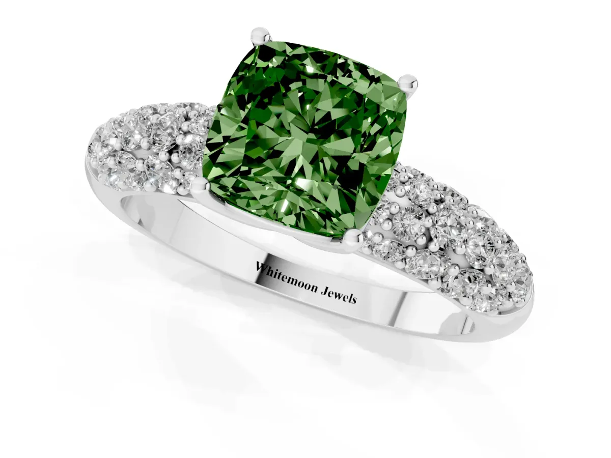 Fancy Green Cushion Cut Diamond Pavé Band Solitaire Ring with Four-Prong Setting Silver