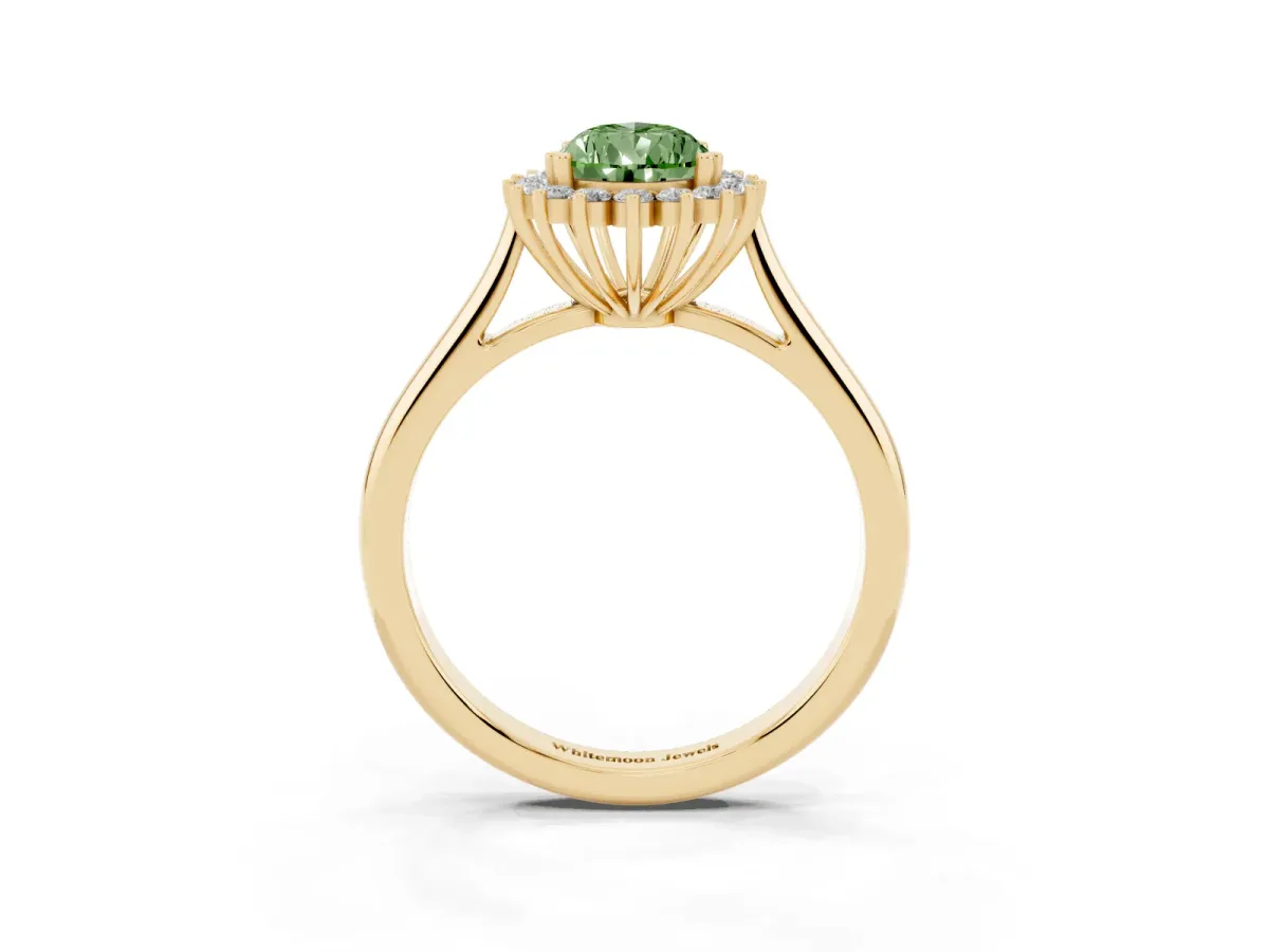 Fancy Green Pear Cut Cut Diamond Halo Ring with Solitaire Band and Prong Setting Yellow gold