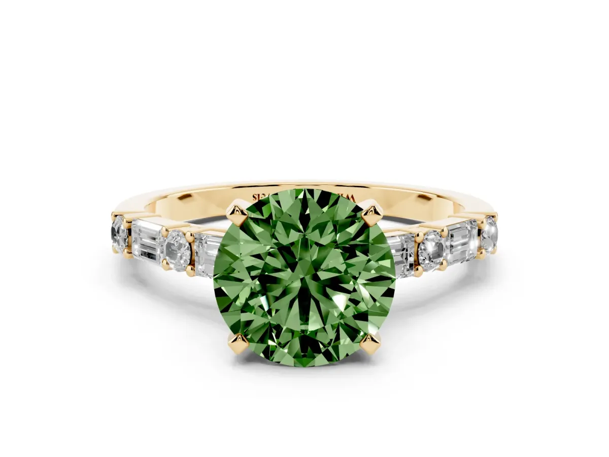 Fancy Green Round Cut Diamond Solitaire with Side Baguettes and Channel Set Band Yellow gold