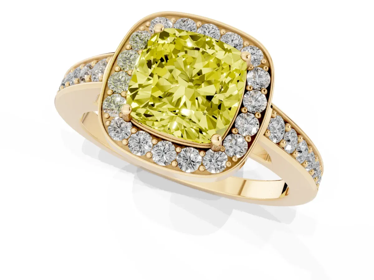 Fancy Yellow Cushion Cut Halo Pavé Diamond Engagement Ring with Bezel Setting Yellow gold