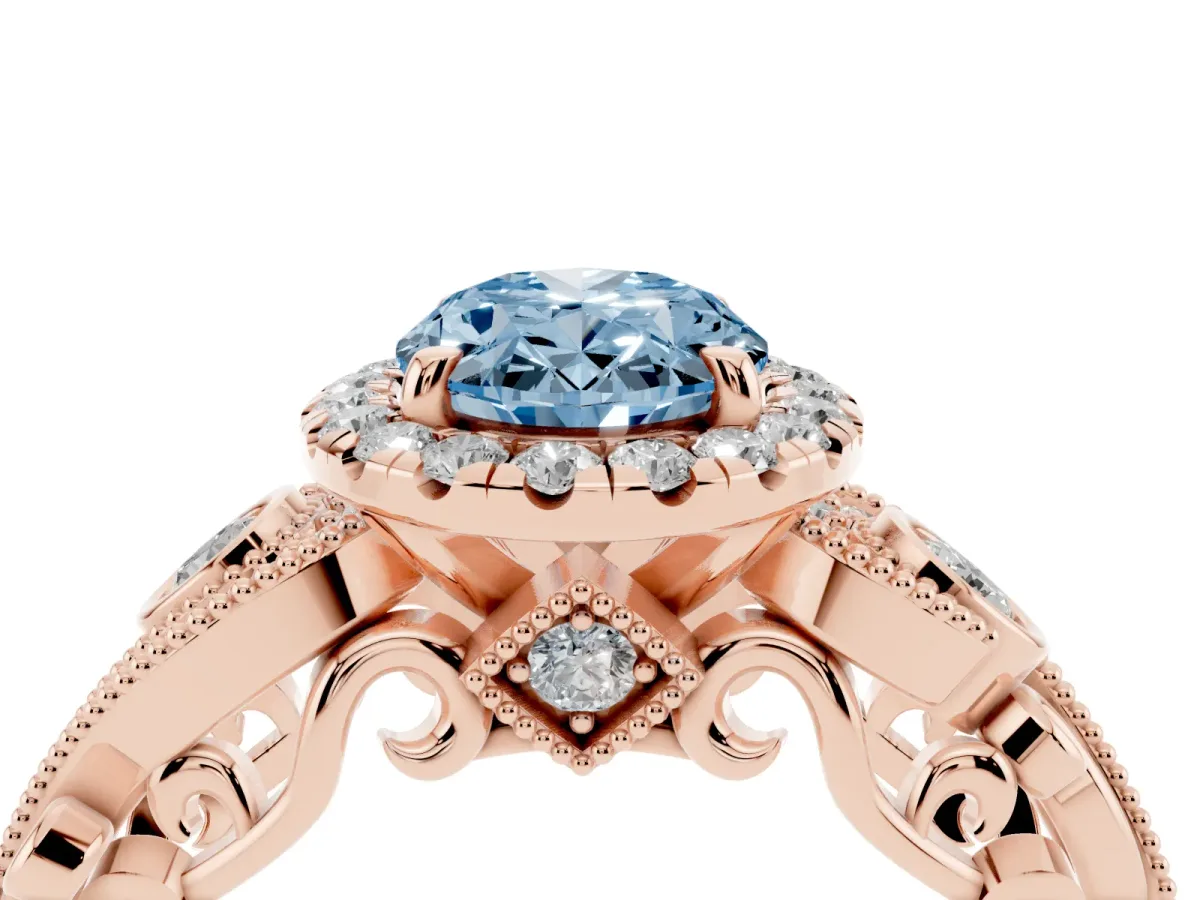 Fancy Blue Oval Cut Halo Diamond Ring with Milgrain and Bezel Accents on a Split Shank Band Rose gold