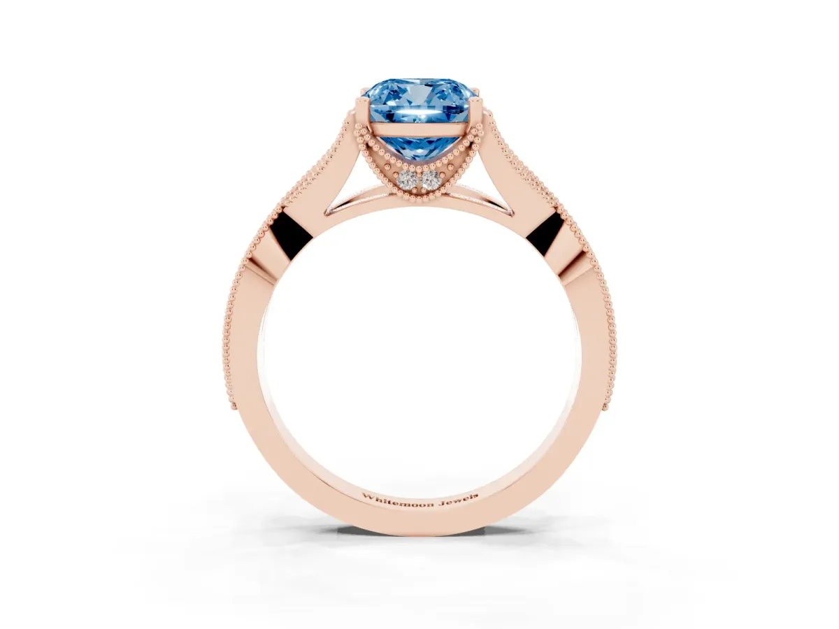 Fancy Blue Cushion Cut Cut Diamond Twisted Band with Milgrain Pave Setting and Four-Prong Setting Rose gold