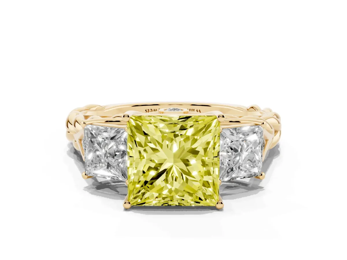 Fancy Yellow Three-Stone Princess Cut Diamond Braided Band Ring with Four-Prong Setting Yellow gold
