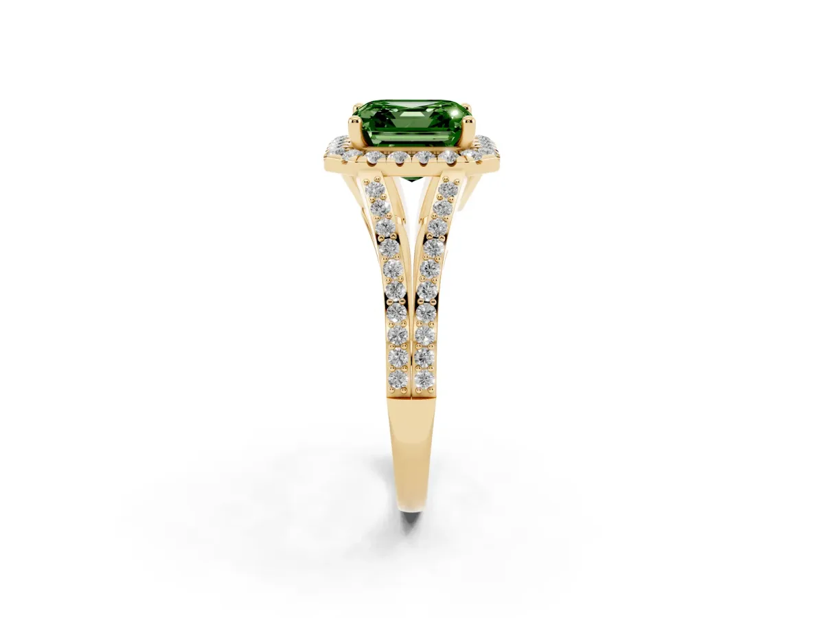 Fancy Green Asscher Cut Halo Split Shank Diamond Ring with Prong Setting Yellow gold
