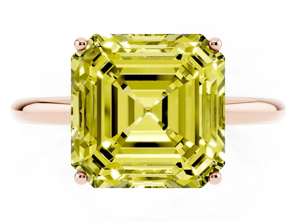 Fancy Yellow Asscher Cut Solitaire Diamond Ring with a Classic Band and Four-Prong Setting Rose gold